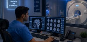 A modern radiology control room in an Indian hospital, a young technologist in scrubs seated at dual monitors displaying MRI brain scans, soft blue ambient lighting, cinematic and professional atmosphere