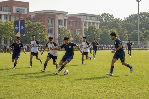 Indian college students playing a team sport on a large green campus field, active and joyful mood, wide green open space, natural daylight, sports photography style"